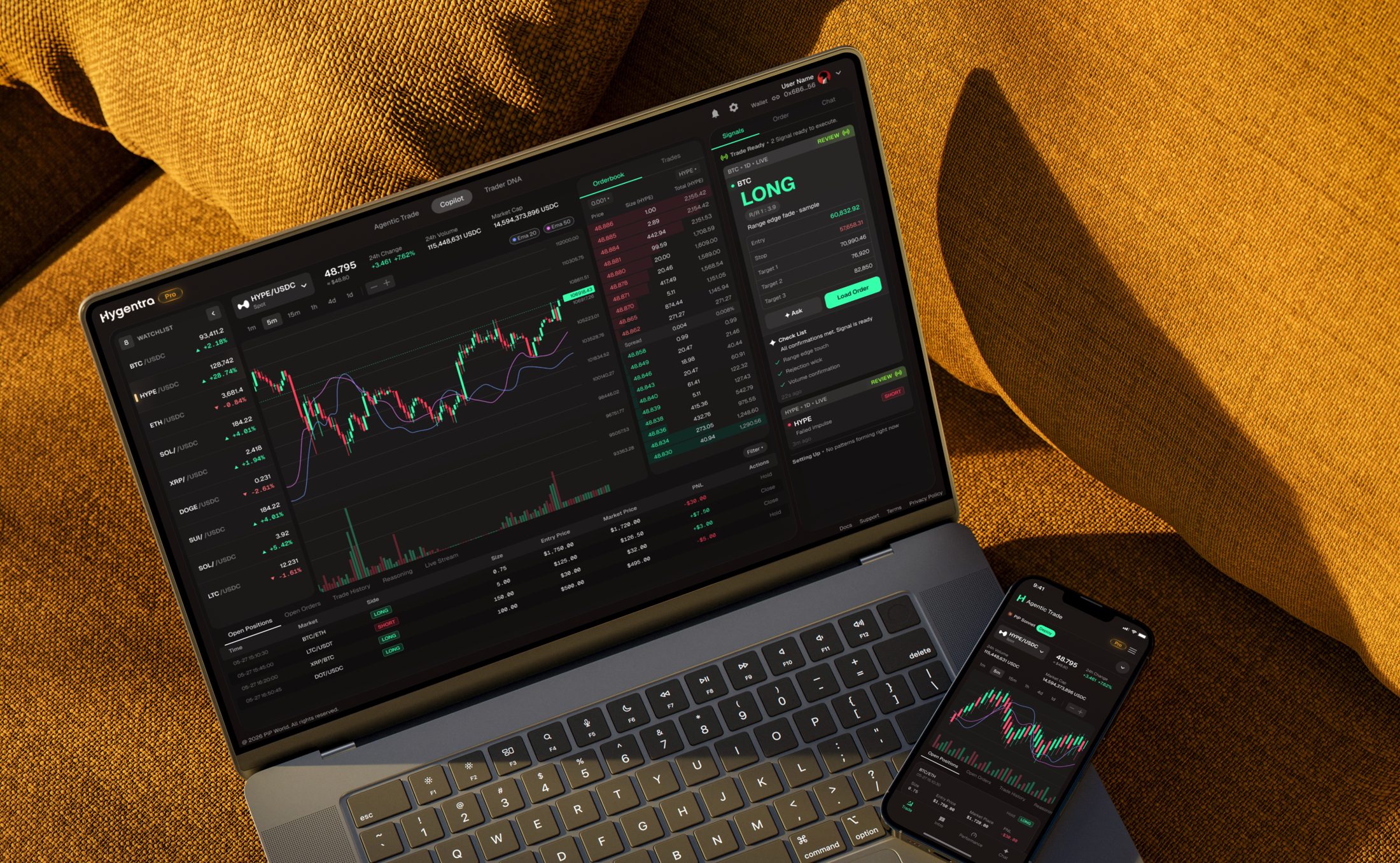 Hygentra Agentic Trade terminal running on a laptop and phone